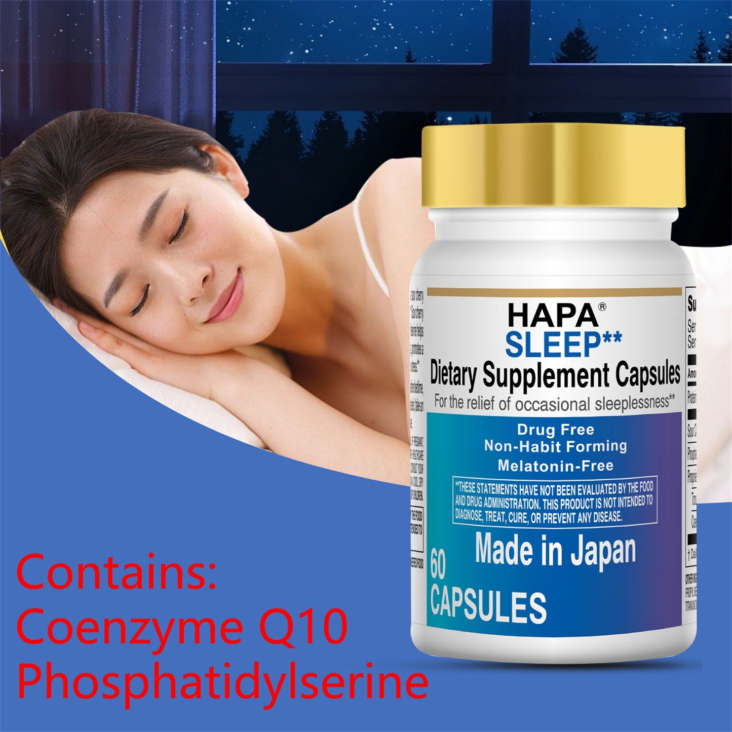 HAPA-Japan Melatonin Free Sleep Aid Supplement,Phosphatidylserine, Coenzyme Q10, Adults,60 Capsules, 30-Day Supply